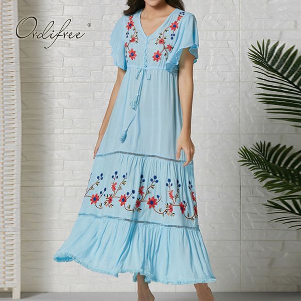 

boho women long beach embroidery floral single breasted ruffle drawstring casual summer vacation dress large 210415, Black;gray