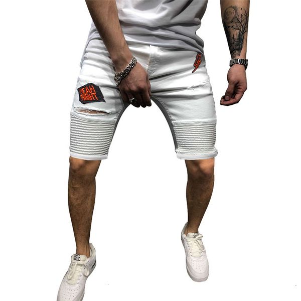 

men's fashion casual hole white embroidery pleated denim shorts, White;black