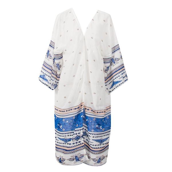 

casual dresses women long sleeve cardigans bohemian geometric printed chiffon shirt swimwear bikini cover up beach loose dress, Black;gray
