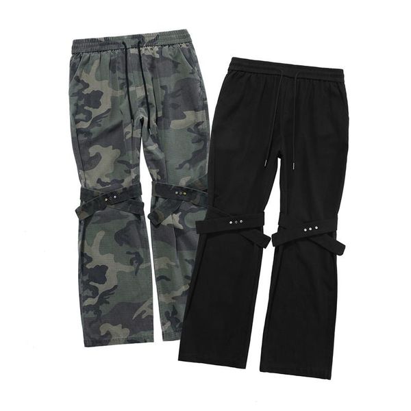 

streetwear camouflage ribbons jeans pants men vintage washed cotton hip hop jogger baggy punk cargo harem sweatpants trousers men's, Black