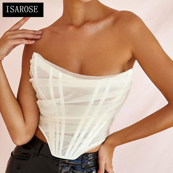 ISAROSE Frauen Korsett zum Tragen Sexy Mesh O Neck trägerlos Rosa Weiß Lila Schwarz Tops Polyester Boning Bustier Streetwear 210422