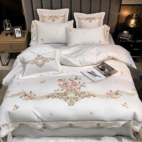 

bedding sets solid color 600tc egyptian cotton floral embroidery set wedding gifts duvet cover bed sheet linen pillowcases 4pcs/l