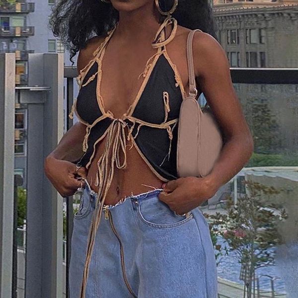 

women's tanks & camis black mesh low cut crop camisole women club party night wear patchwork design pleated tank female 2021, White