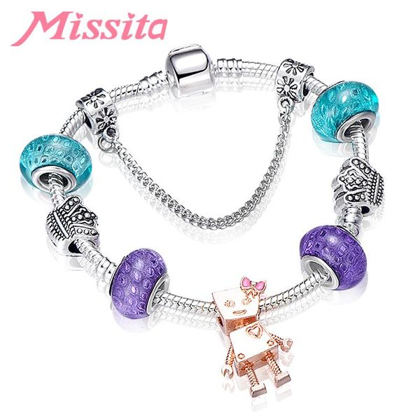 

charm bracelets missita romantic lovely bella robot charms bracelet with blue purple murano beads for women brand anniversary gift, Golden;silver