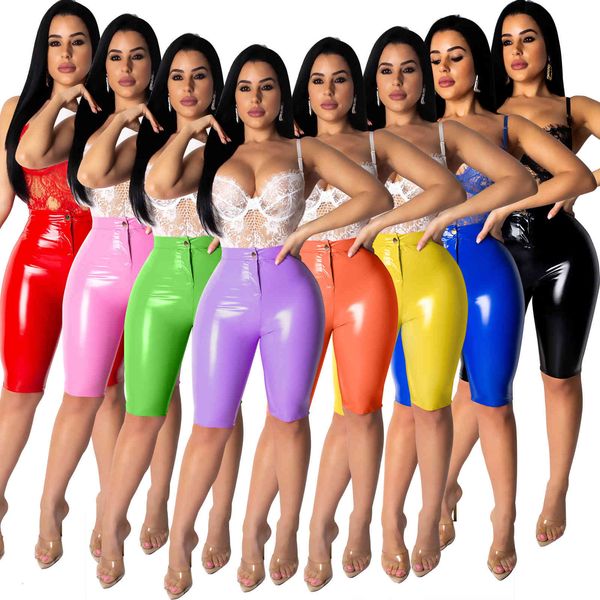 

women's & women button zippers capris high elasticity knee length trousers faux pu leather short pants, Black;white