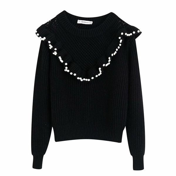

women's sweaters pollover women autumn sweater black lantern sleeve casual jumper o-neck solid beading pull femme, White;black