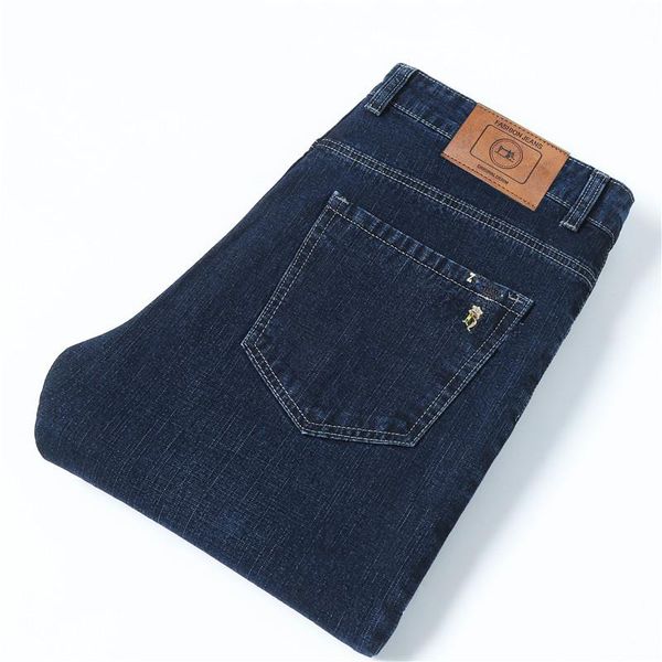 

men's jeans four seasons straight loose dark blue middle-aged business casual long trousers thin light and breathable