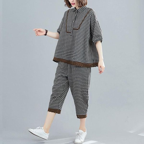 

piece sets women loose casual suits 2021 summer vintage style plaid print female cotton and calf-length pants s3690 women's two, White