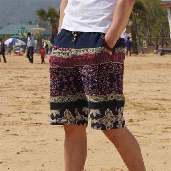 

summer men's bermuda shorts loose straight floral hawaiian casual linen short pants male brand 210720, White;black