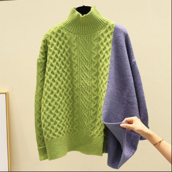 

contrast patchwork half turtleneck womens sweater winter korean loose student knit pullovers ml209, White;black