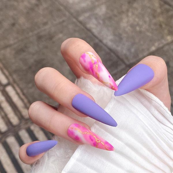 

false nails 24pcs/ packing long stiletto nail tips full cover detachable manicure press on pink purple blooming design, Red;gold