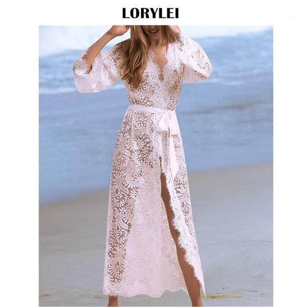 

women swimwear transparent robe beachwear white lace wrap dress elegant sashes cardigan tunic beach cover up skirt n622 women's, White;black