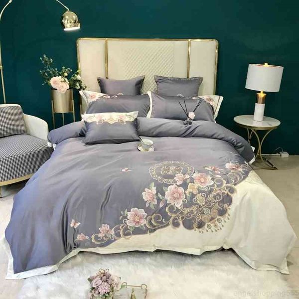 

chic embroidery blossom white grey patchwork duvet cover luxury silk satin cotton soft bedding set bed sheet pillowcases