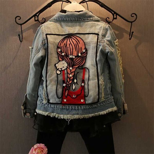 

kids clothes children girls jackets cool kid long sleeves turn-down collar buttons coats pocket girl pattern denim outerwear 211011, Blue;gray