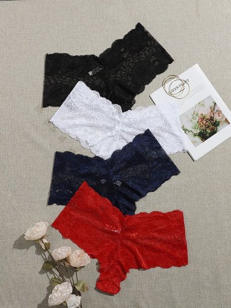 

4pack plus floral lace panty set z26q#, Black;white