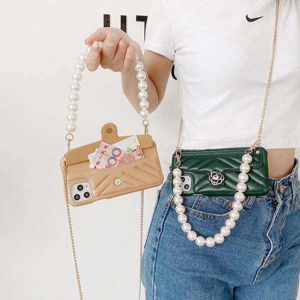 

card holders suitable for apple 11promax mobile phone shell wallet small fragrance pearl bracelet oblique hanging bag leather case 7/8p, Brown;gray
