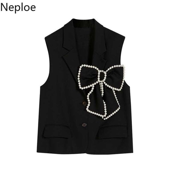 

neploe women vest beading bow black waistcoat single breasted tank jackets korean fashion sleeveless loose streetwear femme 210817, Black;white