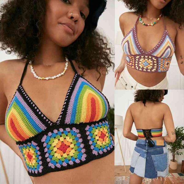 

summer ladies midriff-baring camisole girls creative colorful stripe v-neck sleeveless base shirt knitted, White