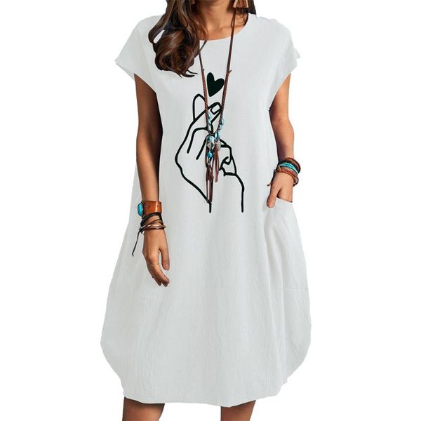 

casual dresses fashion 2021 finger print cotton and linen pocket dress tank summer style commute vintage, Black;gray