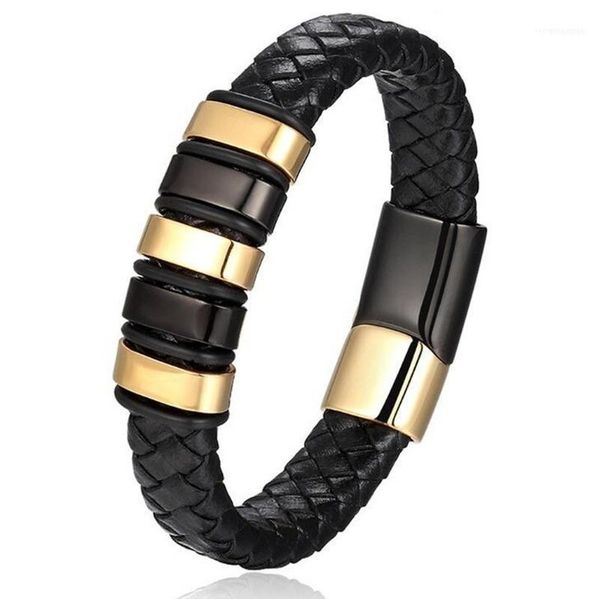 

punk black gold stainless steel magnetic button design menfashion bracelet men's gift genuine leather bracelet1