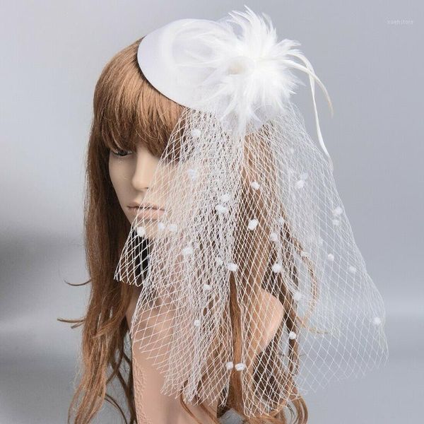 

pillbox face wedding hat white black dot feather fascinator cocktail party hair accessories women clip veil headwear1