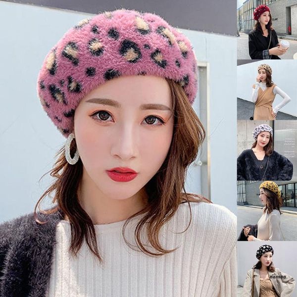 

berets women french style faux wool plush beret vintage leopard print winter warm fashion artist painter knit beanie hat, Blue;gray