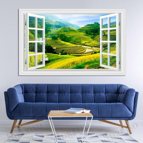 

paintings green terrace countryside scenery imitation window wall design art canvas painting posters picture prints home living room decor