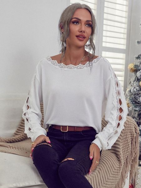 

solid lace trim drop shoulder pullover 26tc#, White;black