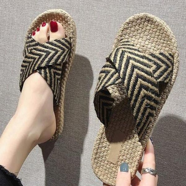 

slippers women summer flats breathable linen casual sandals home bathroom non-slip flip flops indoor shoes xx189, Black