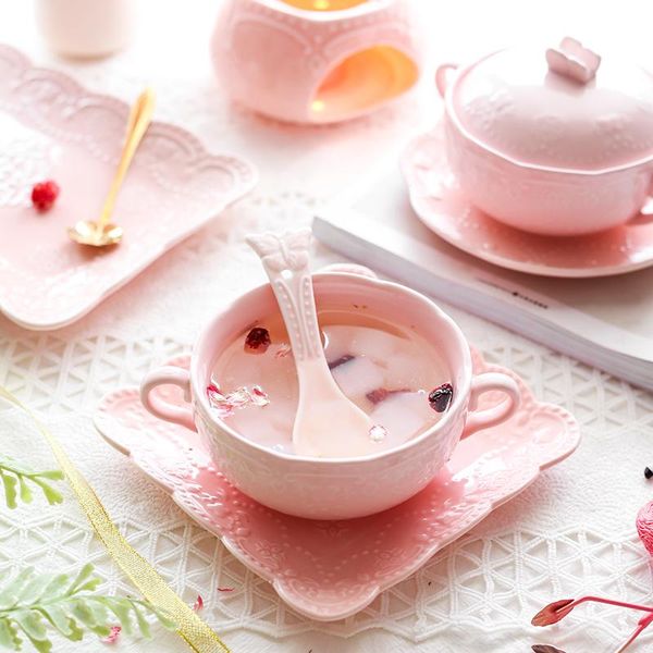 

royal bird's nest bowl ceramic covered soup dessert with handle spoon plates dish milk stew pot bowls