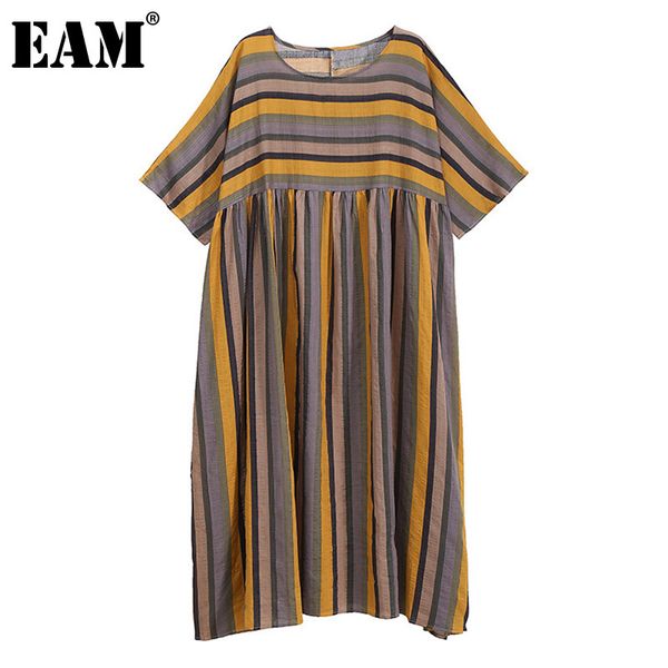 

[eam] women blue big size casual pleated dress round neck short sleeve loose fit fashion spring summer 1dd8550 21512, Black;gray