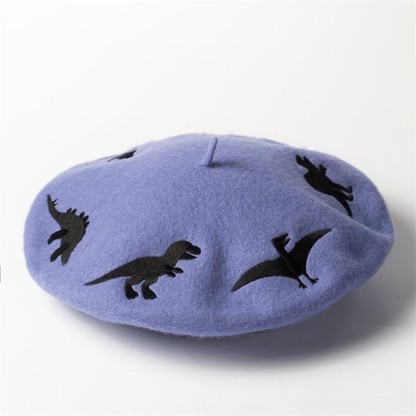 

autumn winter cartoon animal beret embroidery wool ladies warm s hat painter dinosaur 210429, Blue;gray