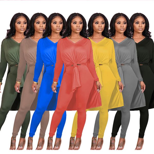 

solid color slit round neck x-long tshirts and trousers casual render suit women two piece outfits autumn arrival mccu, Gray