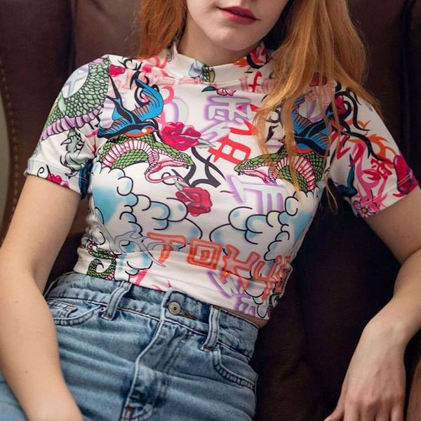 

women's t-shirt 2021 summer ins european and american slim slimming shirt graffiti printed half-high collar short-sleeved trend, White