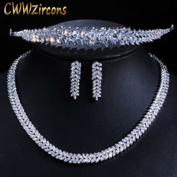 

cwwzircons shiny marquise cut cubic zirconia bridal necklace earrings and tiara jewelry sets for wedding hair accessories t313 h1022, Silver