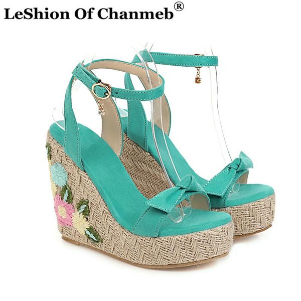 

dress shoes embroidery flower platformed wedged sandals for ladies woman bow-tie high wedges heel platforms women size 48, Black