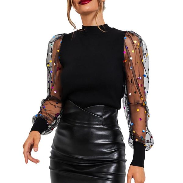 

women's t-shirt women knitted colorful polka dot puff long sleeve turtleneck mesh sheer see-through elegant ladies slim top, White