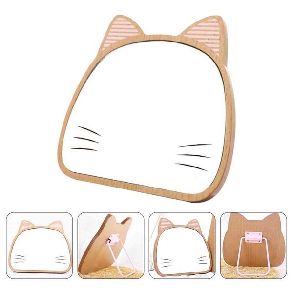 1 pc ajustável maquiagem de madeira desenho animado mesa de gato espelho cosmético (cáqui)