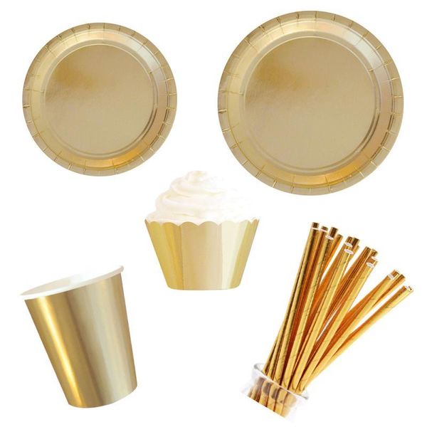 

disposable dinnerware party gold tableware paper tray plates cups straw cake wrapper birthday decorate baby shower wedding home