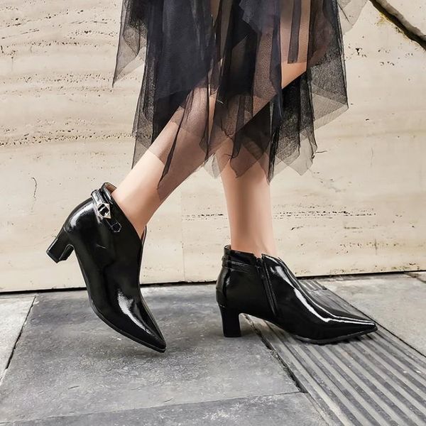 

boots big size 9 10 11-17 women shoes ankle for ladies woman winter pointed end belt buckle side zipper, Black