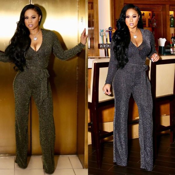 

women's jumpsuits & rompers women solid color skinny casual deep v neck full sleeve wide leg jumpsuit autumn winter sashes bodycon cats, Black;white