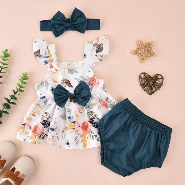

infant sets baby girls outfit floral print sleeve bowknot dress shorts +solid rompers+hairband outfits clothing 2021, White