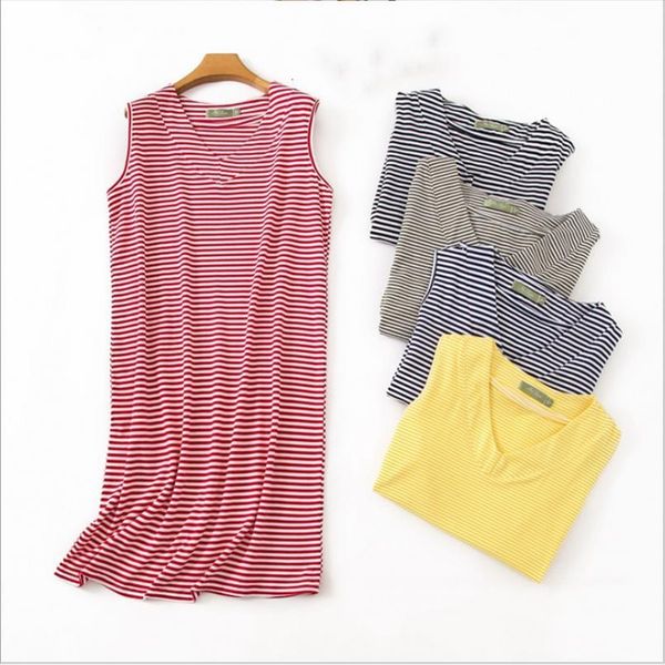 

summer plus size casual women sleepwear striped nightdress 100% cotton nightgown sleeveless v neck collar sleepshirt, Black;red