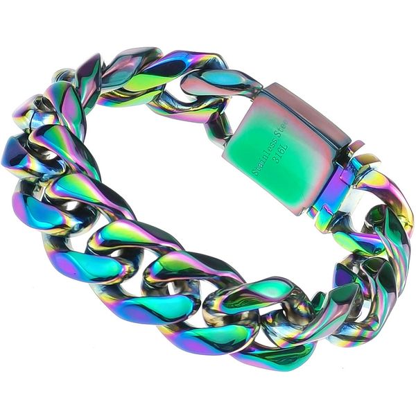 

men bracelet bling 316l stainless steel rainbow color polished cuban bangle jewelry, Black