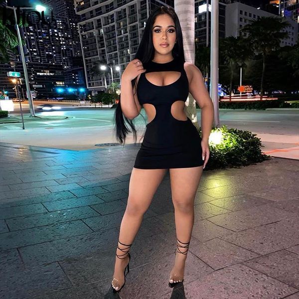 

hollow out party bodycon womens dresses mini sleeveless solid clubwear casual fashion female outfits, Black;gray