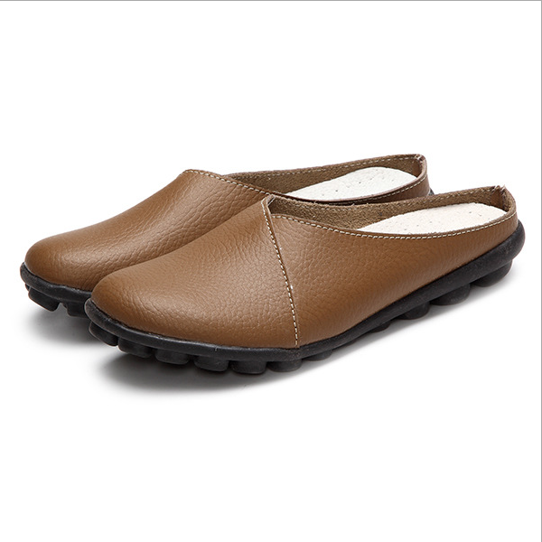 

slippers summer leather flat heel women's shoes versatile breathable bottomed baotou half size 35-44, Black