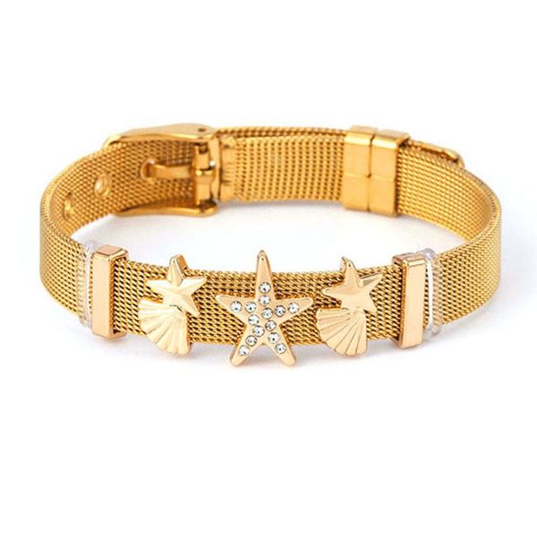 

charm bracelets 10mm stainless steel mesh bracelet with crystal starfish slide beads diy brand for women men fashion jewelry gift, Golden;silver