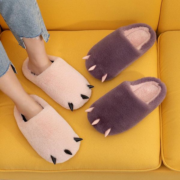 

home winter warm non-slip plush bear claw dinosaur animal hand-shaped brush cover heel men/ women couple cotton slippers, Black