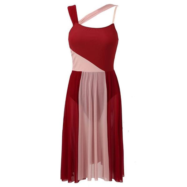 

Stage Wear Women Adults Ballroom Dance Sleeveless Mesh Shoulder Straps Color Block Leotard Dress for Lyrical Modern Contemporary SZ5C, Black;red