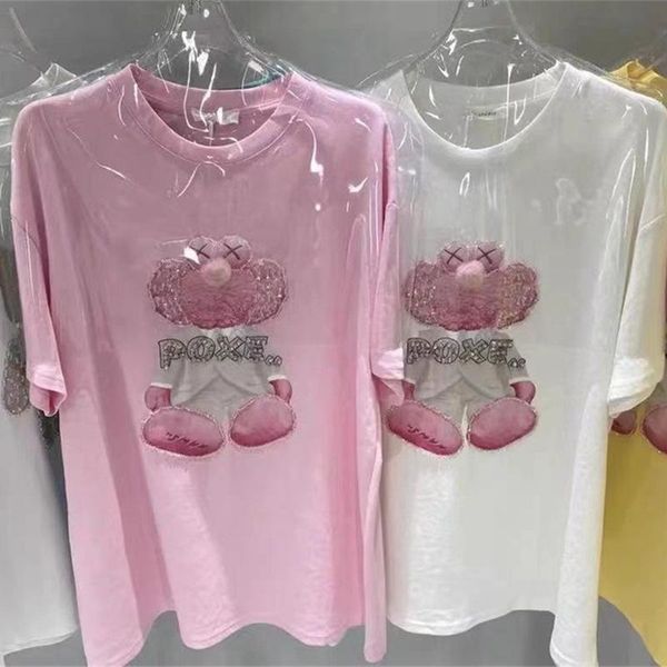 

women's t-shirt cartoon printed beading crystal women summer loose casual hip hop graphic tee for lady clothing, White